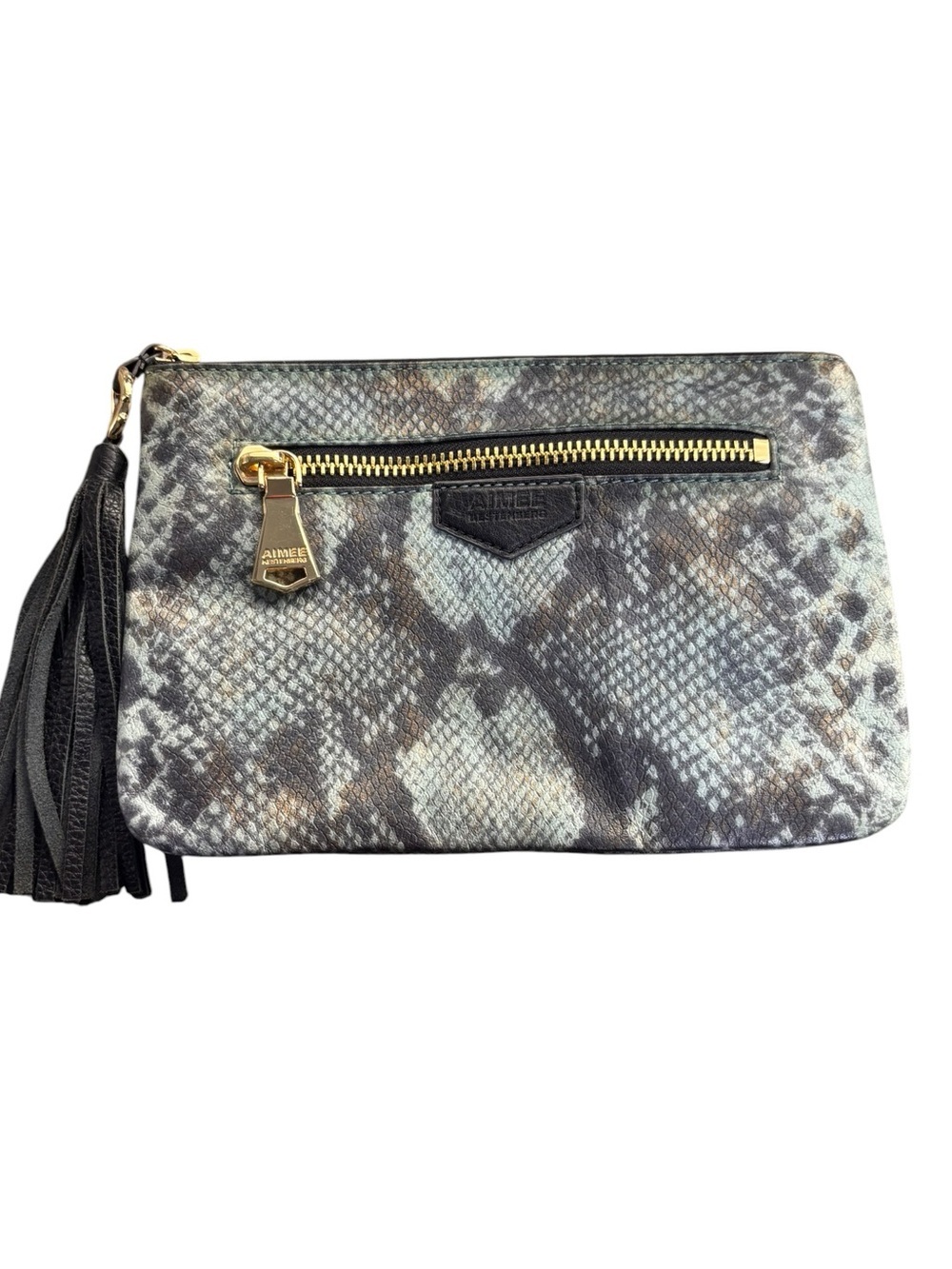 32) $110 Aimee Kestenberg Leather Clutch Bag Teal Snakeskin Pattern w/Tassel. NW